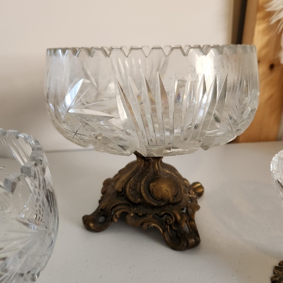 Vintage Mid Century Crystal Brass Pedestal Compote Bowl Lot Of 3 Glass Ornate - Picture 2 of 13